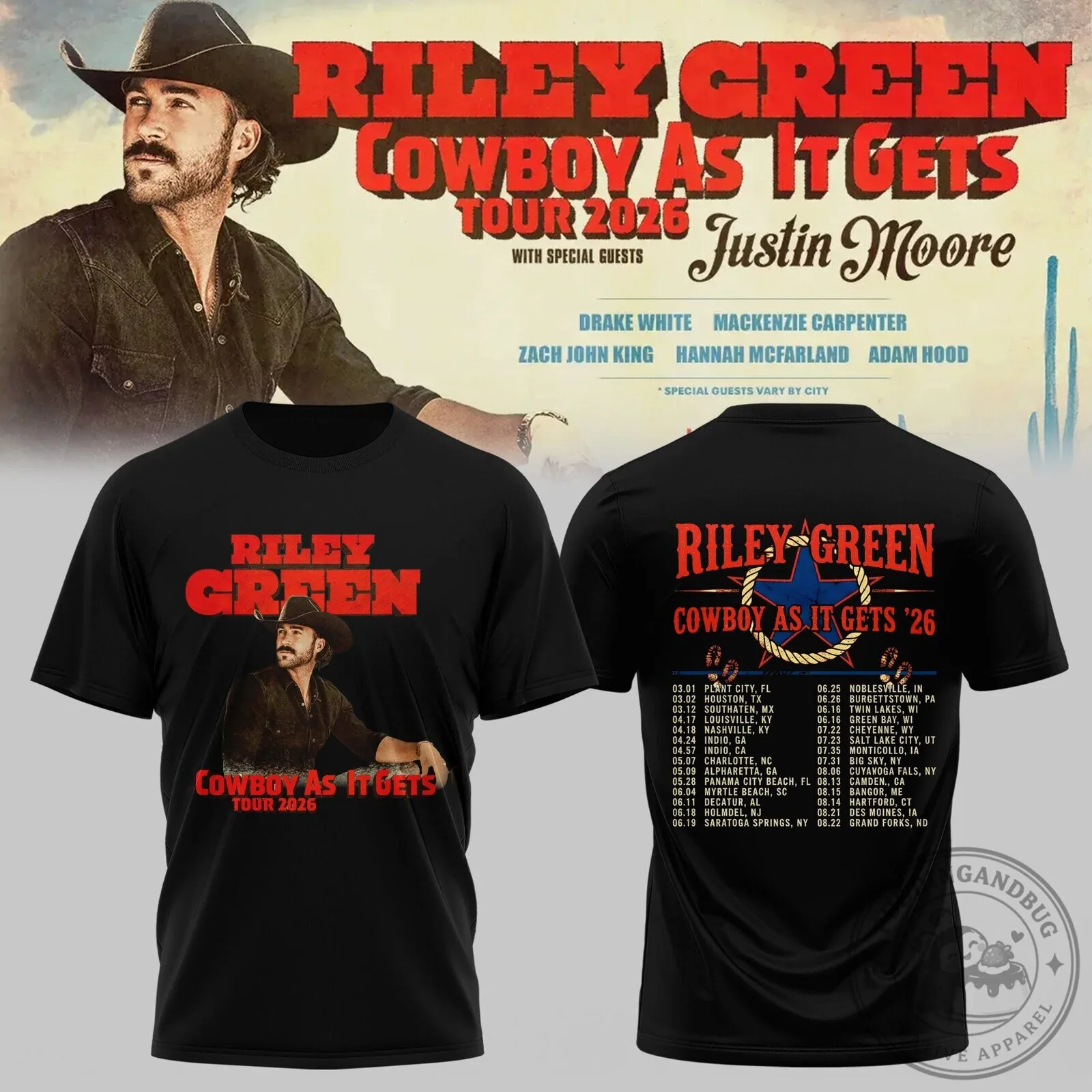 Riley Green Cowboy As It Gets Tour 2026 Concert Schedule Black T-Shirt
