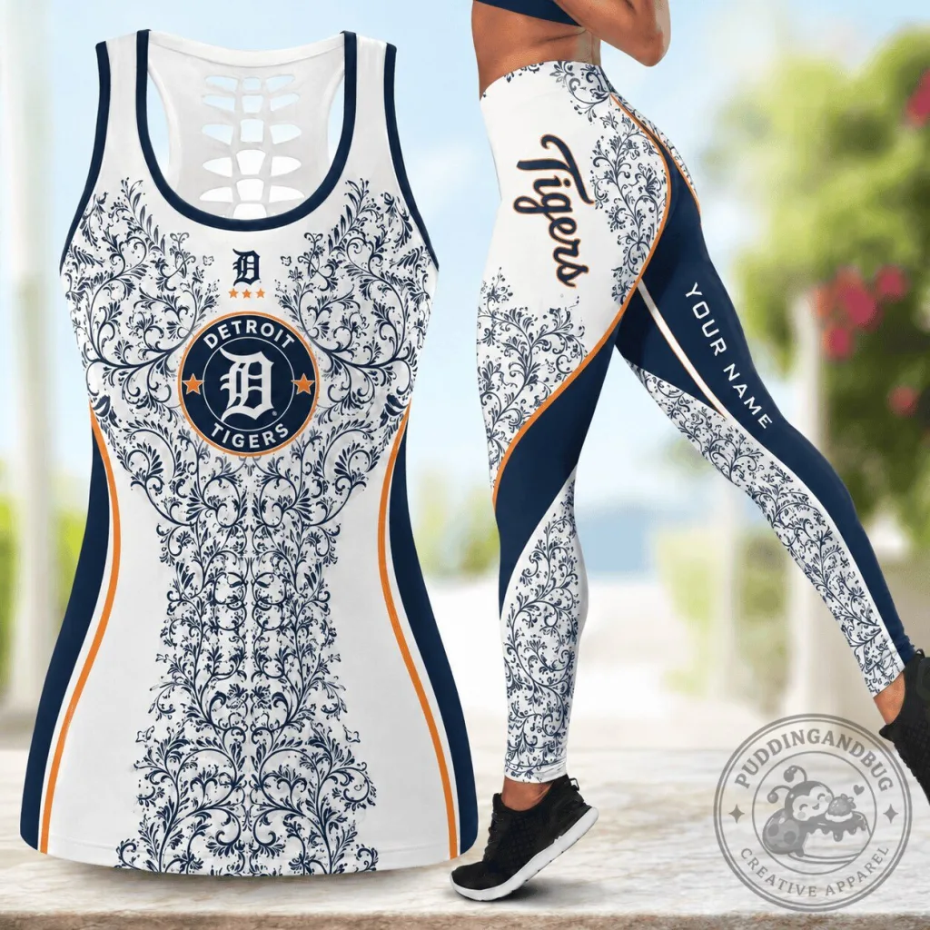 Detroit Tigers Custom Name Floral Pattern Tank Top and Leggings Set Detroit Tigers Custom Name Floral Pattern Tank Top and Leggings Set