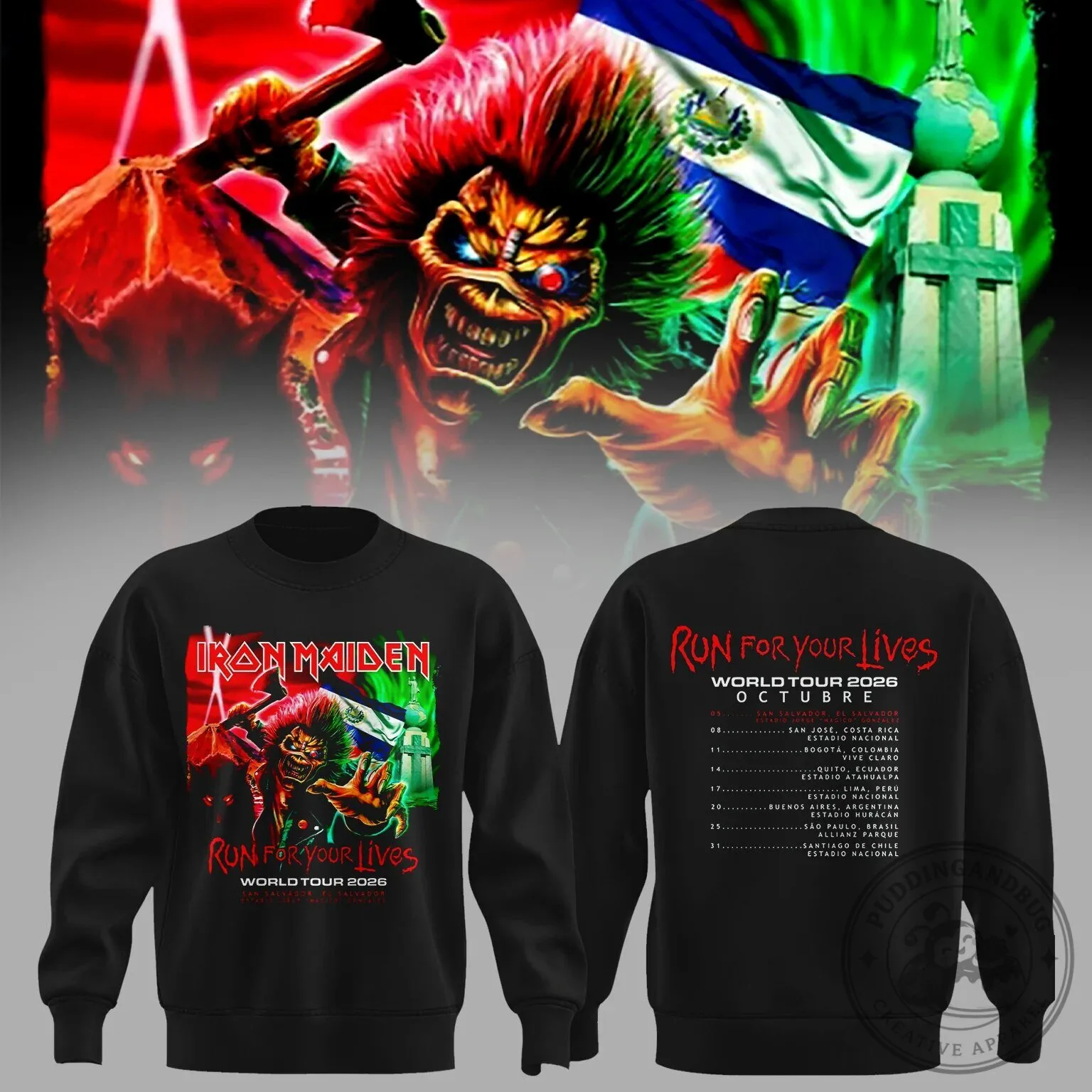 Iron Maiden Run For Your Lives World Tour 2026 Eddie El Salvador Event Sweatshirt