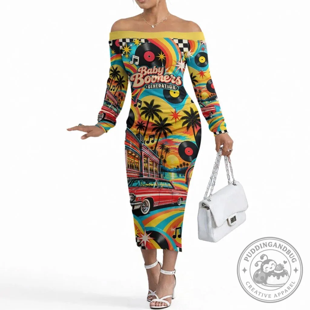Baby Boomers Generation Vintage Retro Classic Car Off The Shoulder Dress