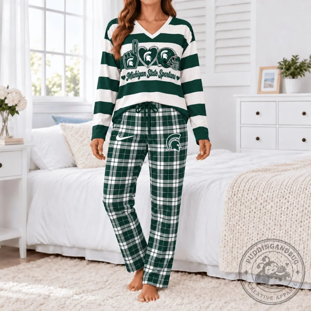 Michigan State Spartans NCAA Plaid Lounge Long Sleeve Shirt and Pants Set Michigan State Spartans NCAA Plaid Lounge Long Sleeve Shirt and Pants Set