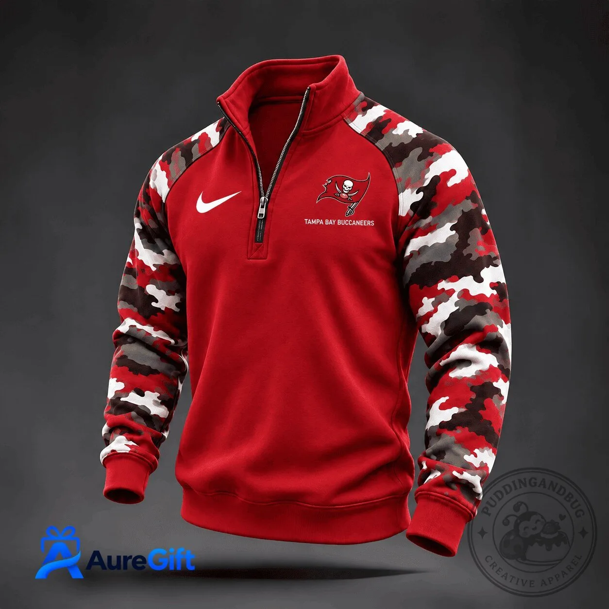 Tampa Bay Buccaneers NFL Football Team Red Camouflage Sleeve Quarter-Zip Sweatshirt