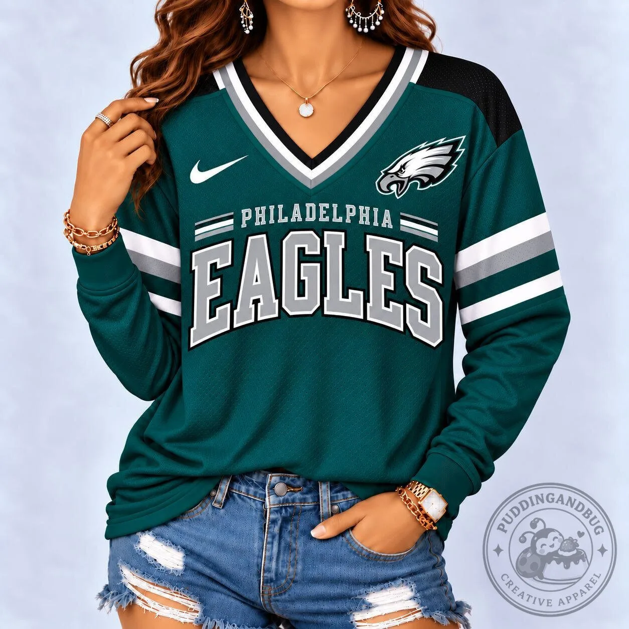 Philadelphia Eagles NFL Game Day V-Neck Long Sleeve Football Jersey for Women