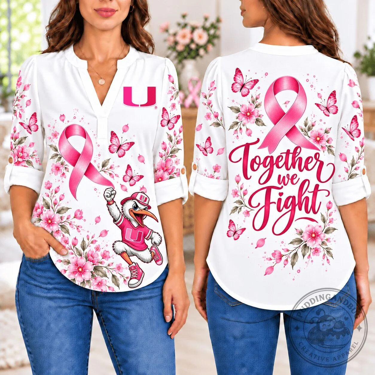 Miami Hurricanes Breast Cancer Awareness Together We Fight Floral Long Sleeve Shirt