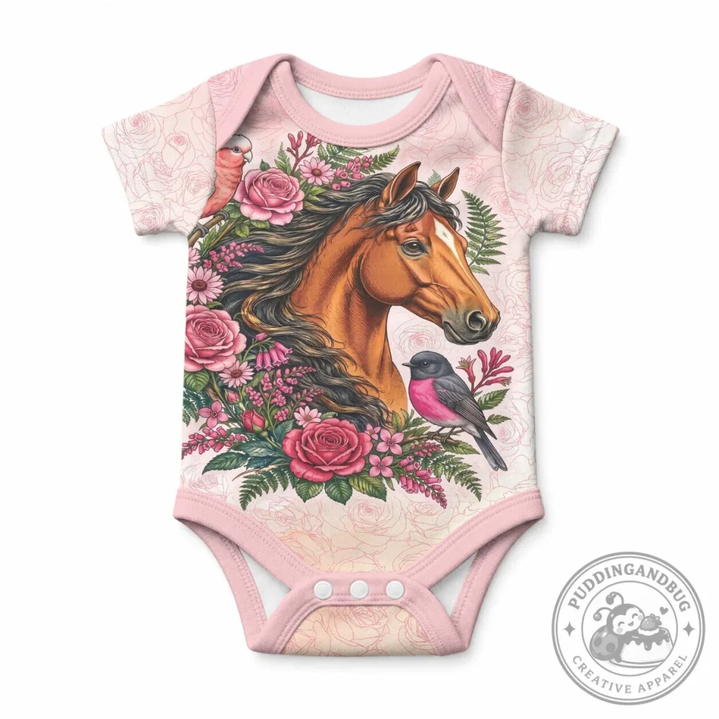 Pink Horse and Rose Wreath Baby Bodysuit with Galah and Robin Birds Pink Horse and Rose Wreath Baby Bodysuit with Galah and Robin Birds