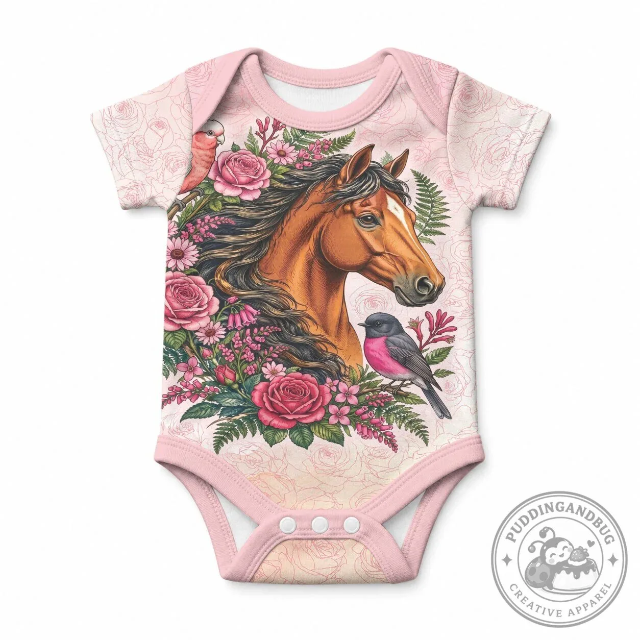 Pink Horse and Rose Wreath Baby Bodysuit with Galah and Robin Birds 3 Pink Horse and Rose Wreath Baby Bodysuit with Galah and Robin Birds