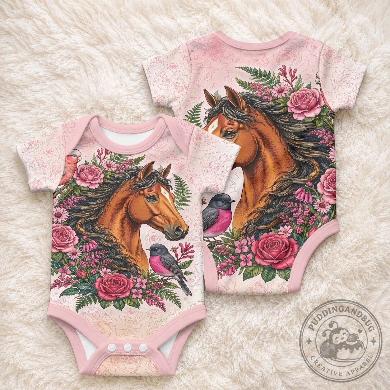 Pink Horse and Rose Wreath Baby Bodysuit with Galah and Robin Birds 4 Pink Horse and Rose Wreath Baby Bodysuit with Galah and Robin Birds