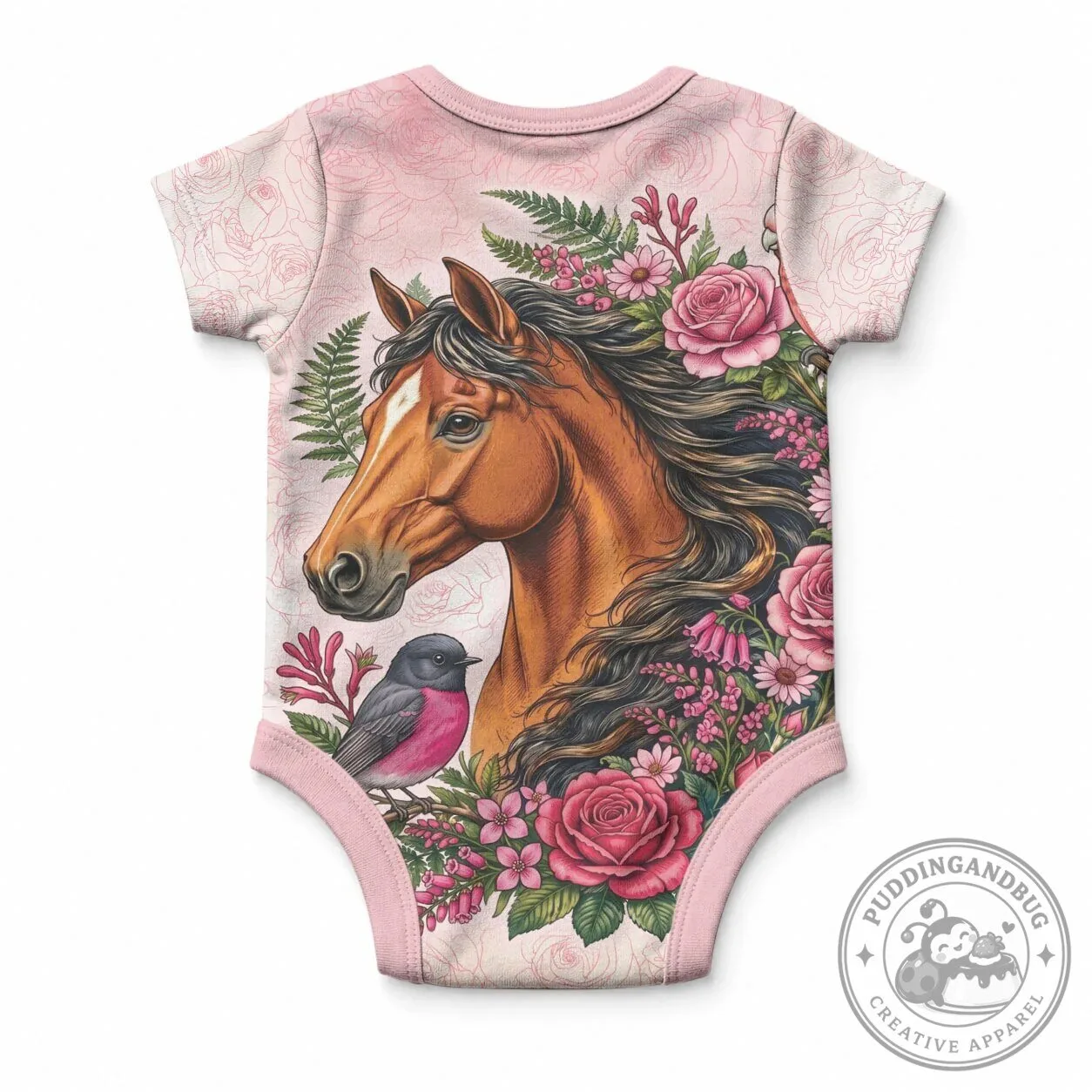 Pink Horse and Rose Wreath Baby Bodysuit with Galah and Robin Birds 5 Pink Horse and Rose Wreath Baby Bodysuit with Galah and Robin Birds