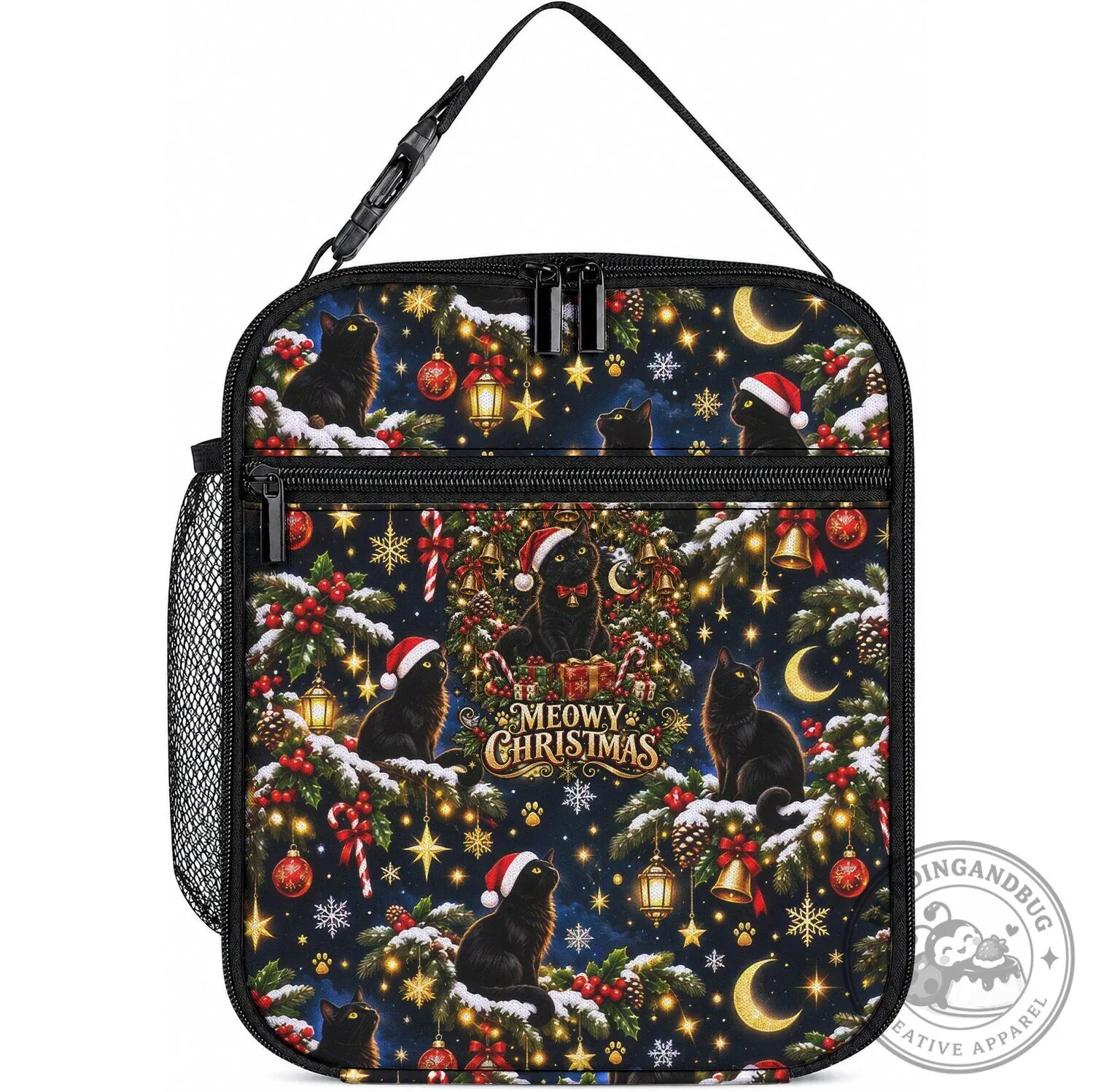 Black Cat Meowy Christmas Festive Night Tree Snow Stars Holiday Lunch Bag