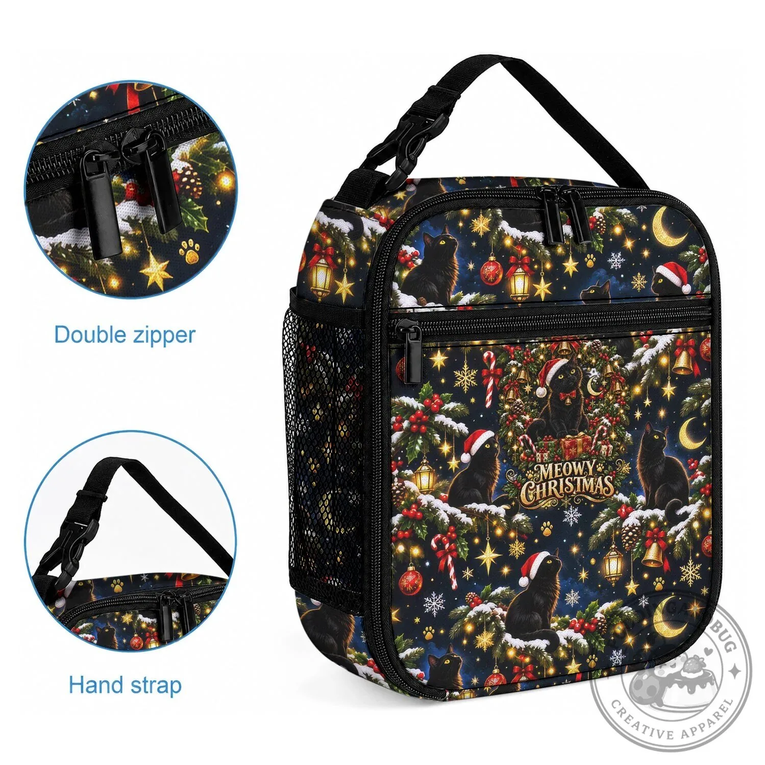 Black Cat Meowy Christmas Festive Night Tree Snow Stars Holiday Lunch Bag 6 Black Cat Meowy Christmas Festive Night Tree Snow Stars Holiday Lunch Bag