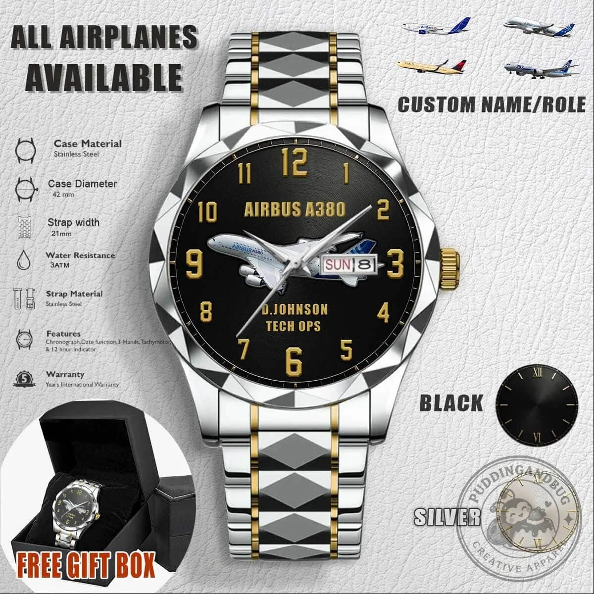 Airbus A380 Custom Name Stainless Steel Watch