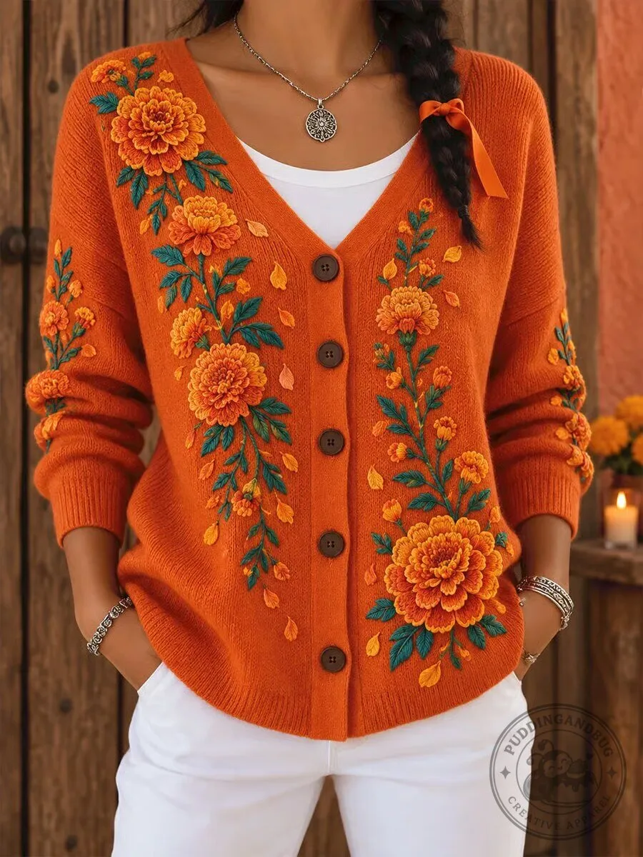 Day of the Dead Marigold Floral Embroidered Orange Knit Cardigan Sweater