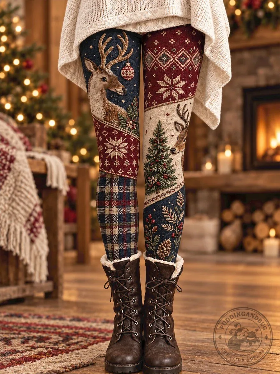 Christmas Reindeer Snowflake Plaid Pattern Holiday Women's Leggings