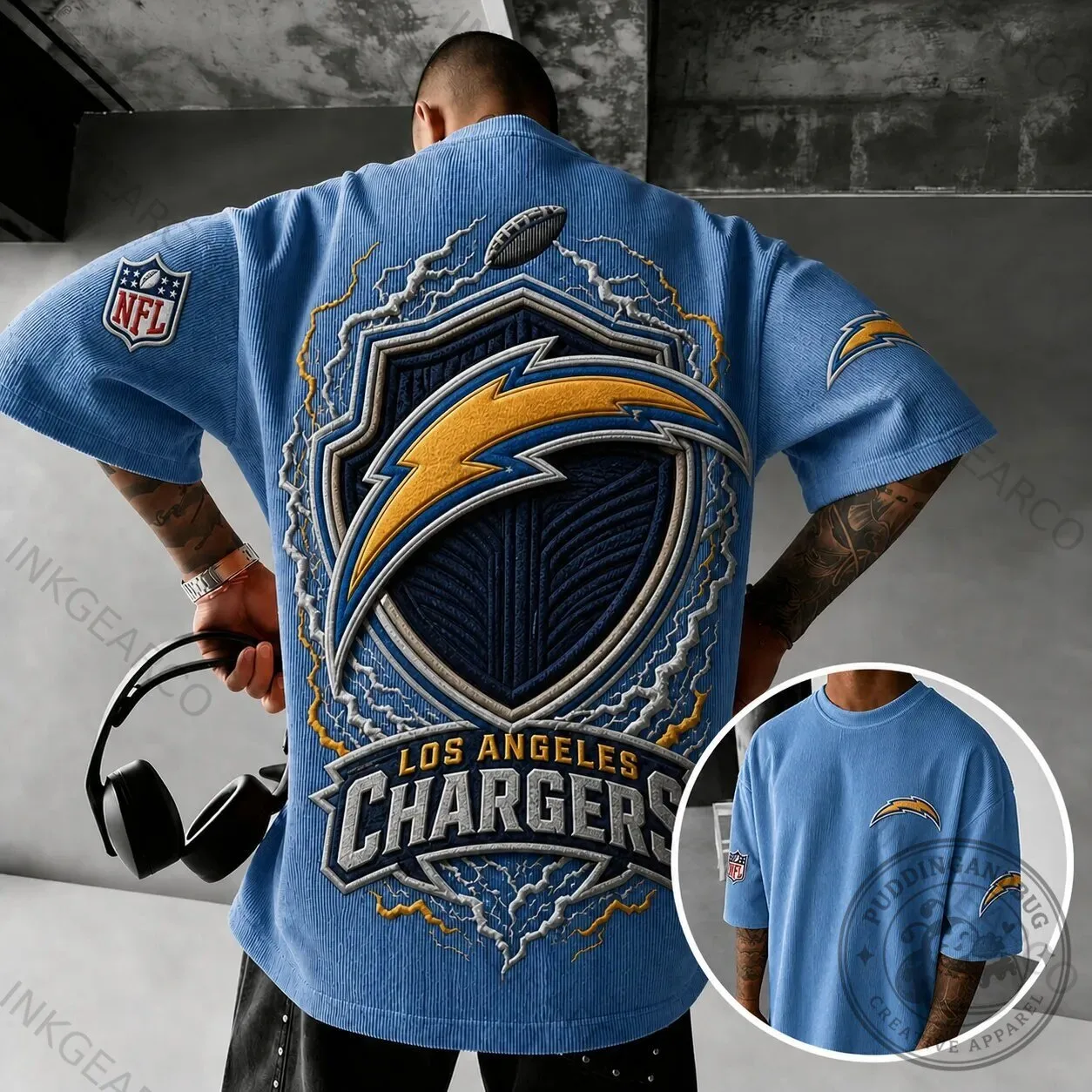 Los Angeles Chargers NFL Team Logo Blue Corduroy Short Sleeve T-Shirt