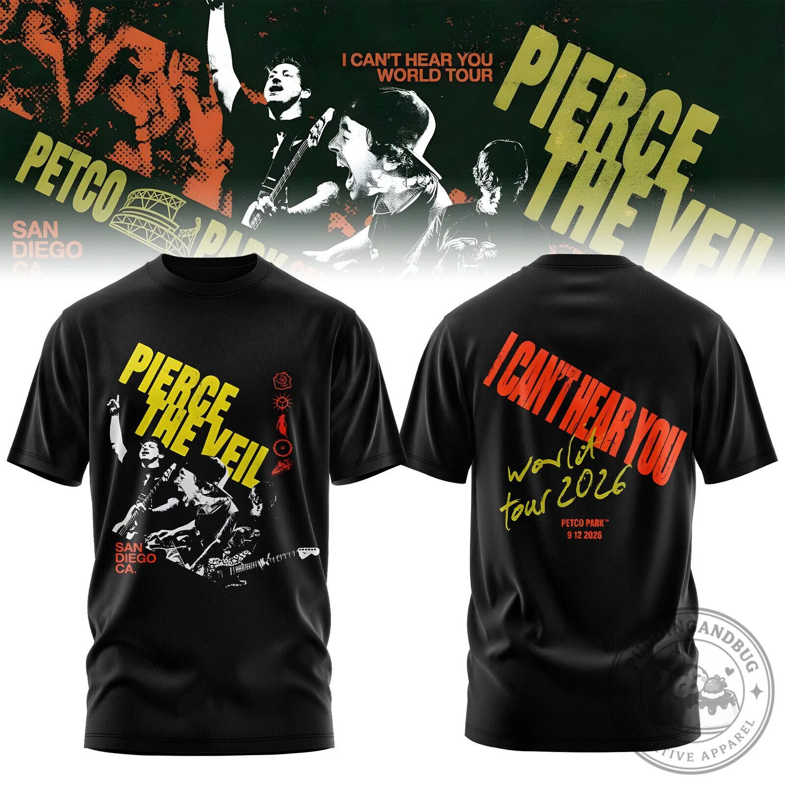 Black T-Shirt for the 2026 World Tour: Pierce The Veil I Can’t Hear You Design