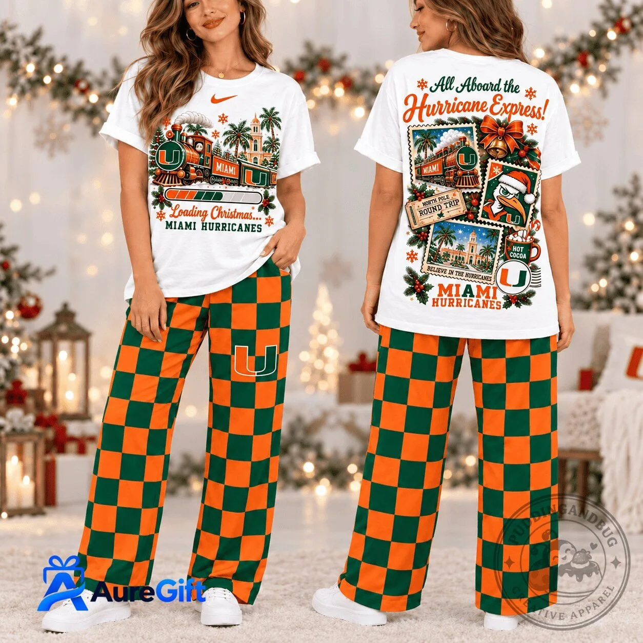 Miami Hurricanes Christmas Holiday Express Train Pajamas Set