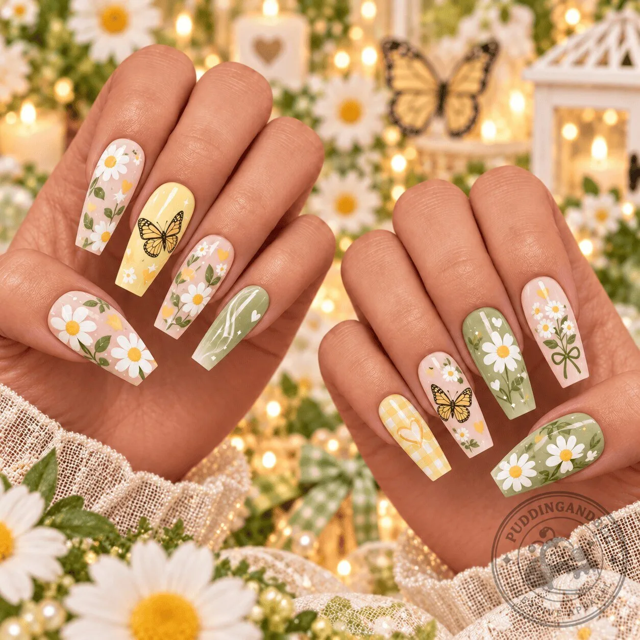 Spring Daisy Butterfly Garden Coffin Shape Press-On Nails Set