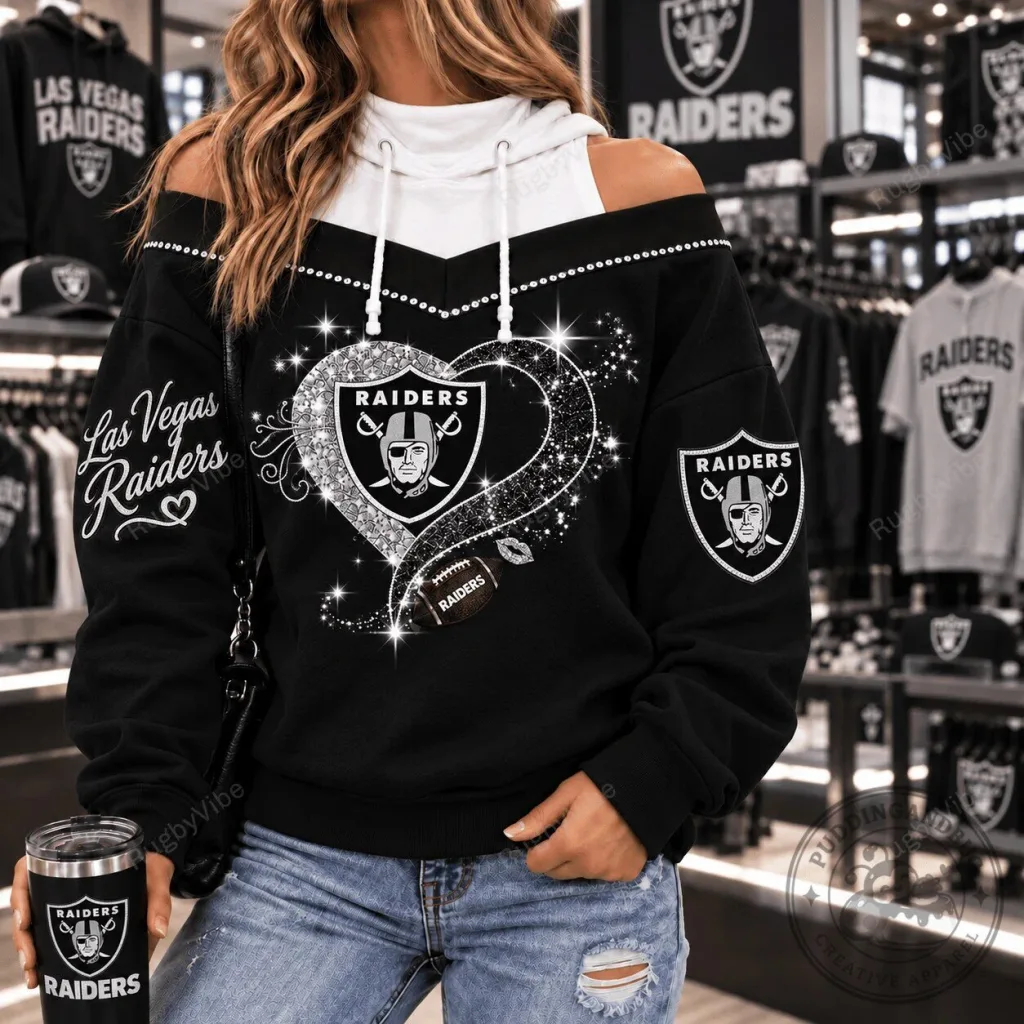 Las Vegas Raiders Football Team Sparkle Heart Off-Shoulder Hoodie Las Vegas Raiders Football Team Sparkle Heart Off-Shoulder Hoodie