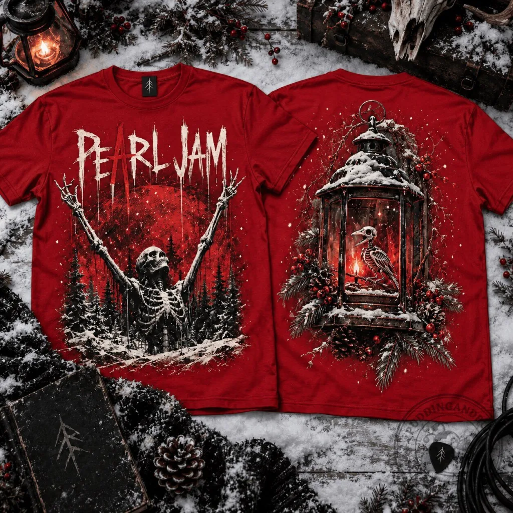 Christmas Grunge Rock Band T-Shirt featuring Pearl Jam's Bloody Snow Skeleton Design Christmas Grunge Rock Band T-Shirt featuring Pearl Jam's Bloody Snow Skeleton Design