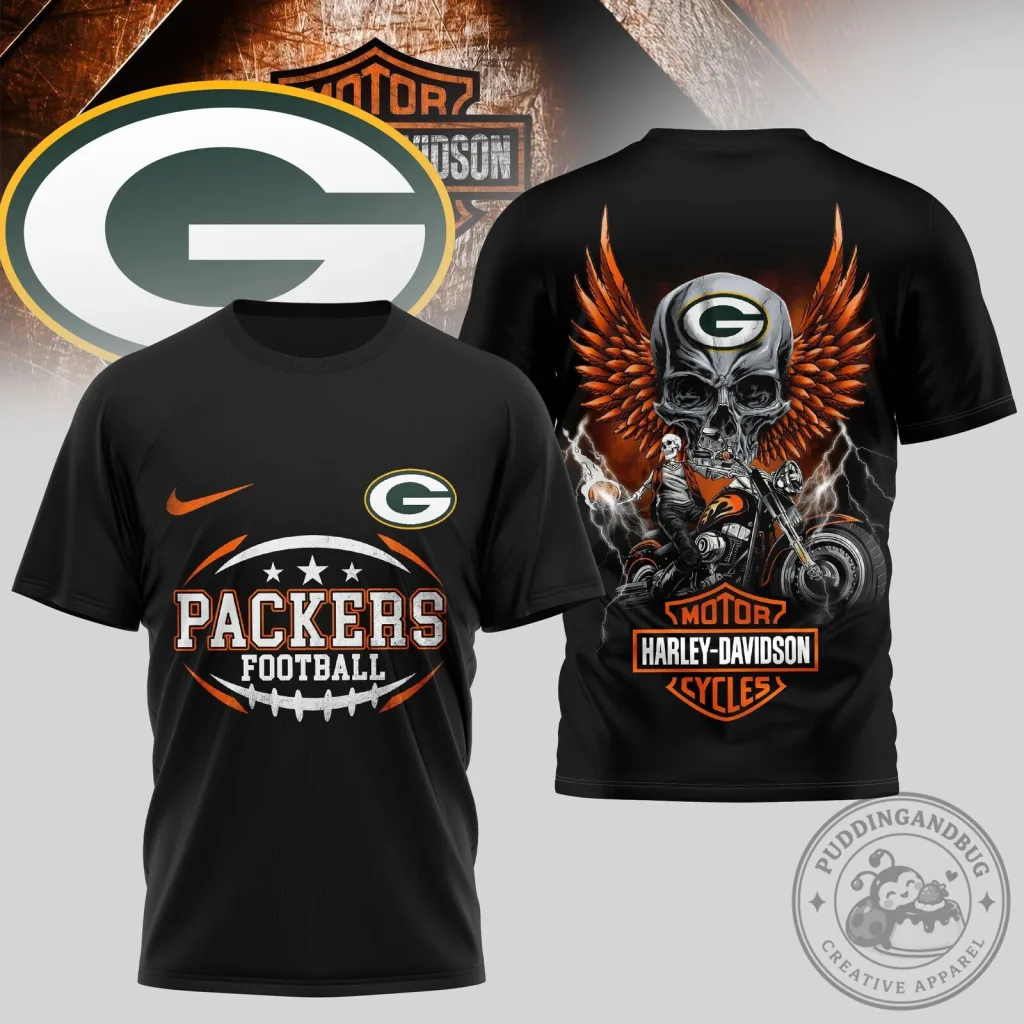 Green Bay Packers Harley-Davidson Skull Motorcycle Graphic Black T-Shirt Green Bay Packers Harley-Davidson Skull Motorcycle Graphic Black T-Shirt