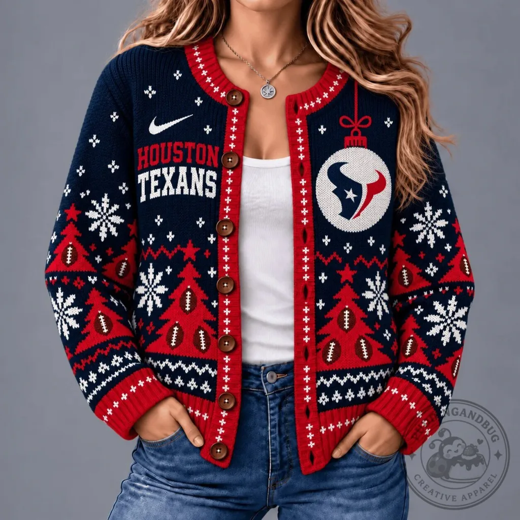 Houston Texans Christmas Snowflake Football Team Ugly Holiday Cardigan Sweater Houston Texans Christmas Snowflake Football Team Ugly Holiday Cardigan Sweater