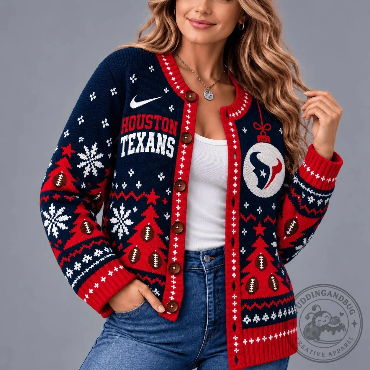 Houston Texans Christmas Snowflake Football Team Ugly Holiday Cardigan Sweater 8 Houston Texans Christmas Snowflake Football Team Ugly Holiday Cardigan Sweater