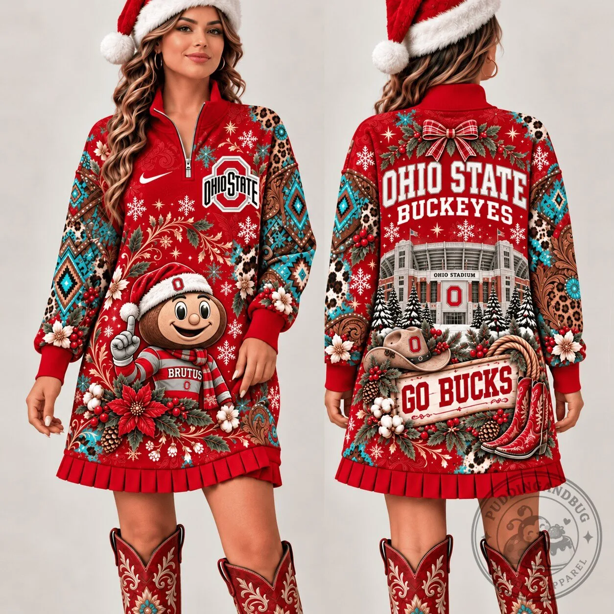 Ohio State Buckeyes Christmas Western Boho Sweatshirt Dress