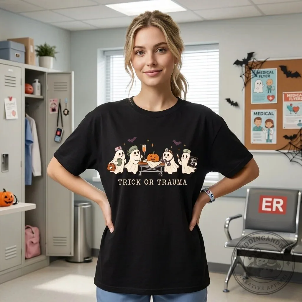 Trick or Trauma Ghost Nurse Halloween T-Shirt