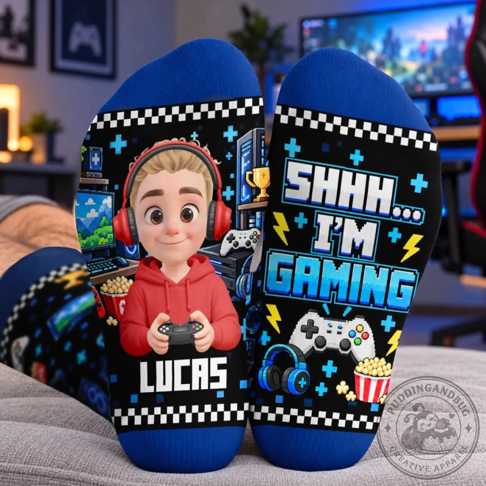Personalized Gamer Boy Shhh I'm Gaming Custom Name Blue Crew Socks