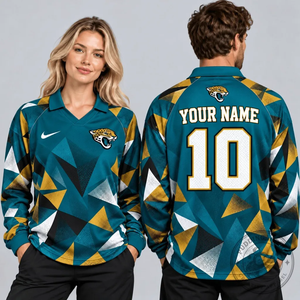 Jacksonville Jaguars Abstract Triangle Camouflage Custom Name Number Long Sleeve Polo Shirt Jacksonville Jaguars Abstract Triangle Camouflage Custom Name Number Long Sleeve Polo Shirt