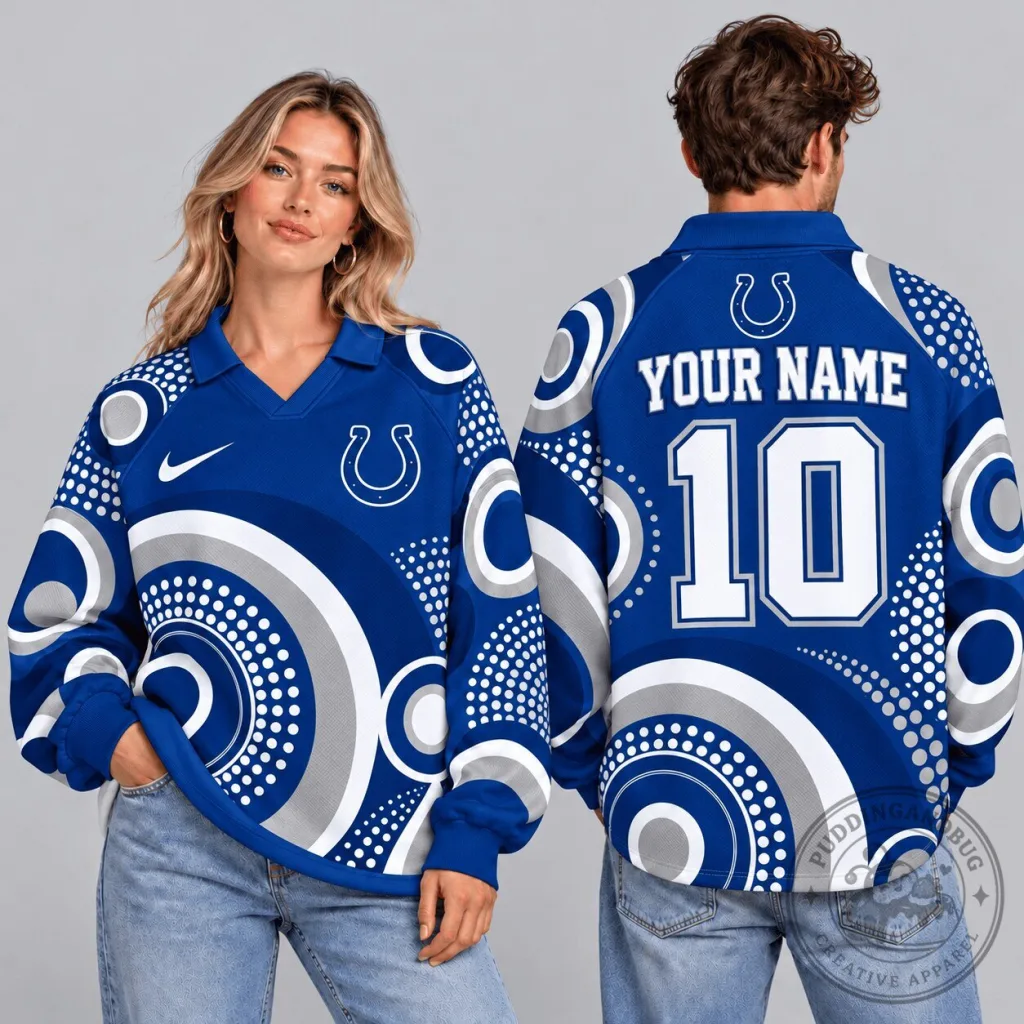 Indianapolis Colts Custom Name Number Retro Geometric Circle Print Long Sleeve Polo Shirt Indianapolis Colts Custom Name Number Retro Geometric Circle Print Long Sleeve Polo Shirt
