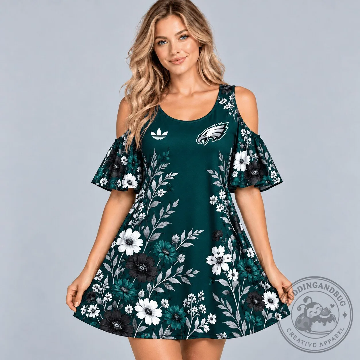 Philadelphia Eagles Floral Print Cold Shoulder Ruffle Sleeve A-Line Mini Dress 1 Philadelphia Eagles Floral Print Cold Shoulder Ruffle Sleeve A-Line Mini Dress