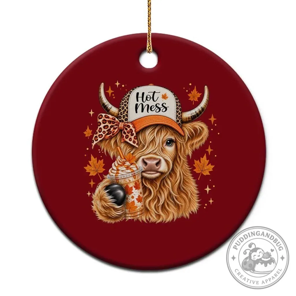 Hot Mess Fall Leopard Highland Cow Drinking Coffee Ceramic Ornament 1 Hot Mess Fall Leopard Highland Cow Drinking Coffee Ceramic Ornament