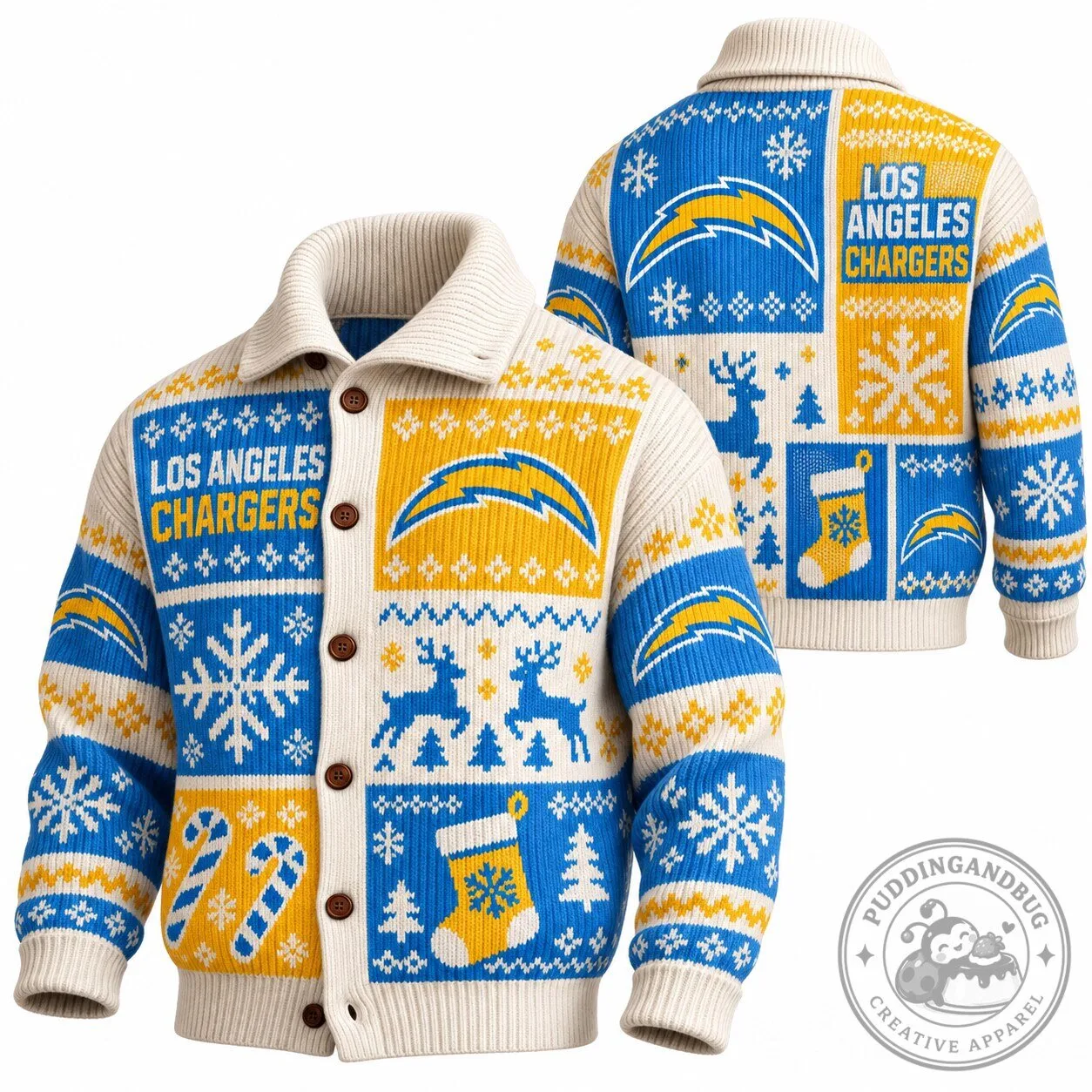 Knit Cardigan for Christmas with an Ugly Los Angeles Chargers Theme