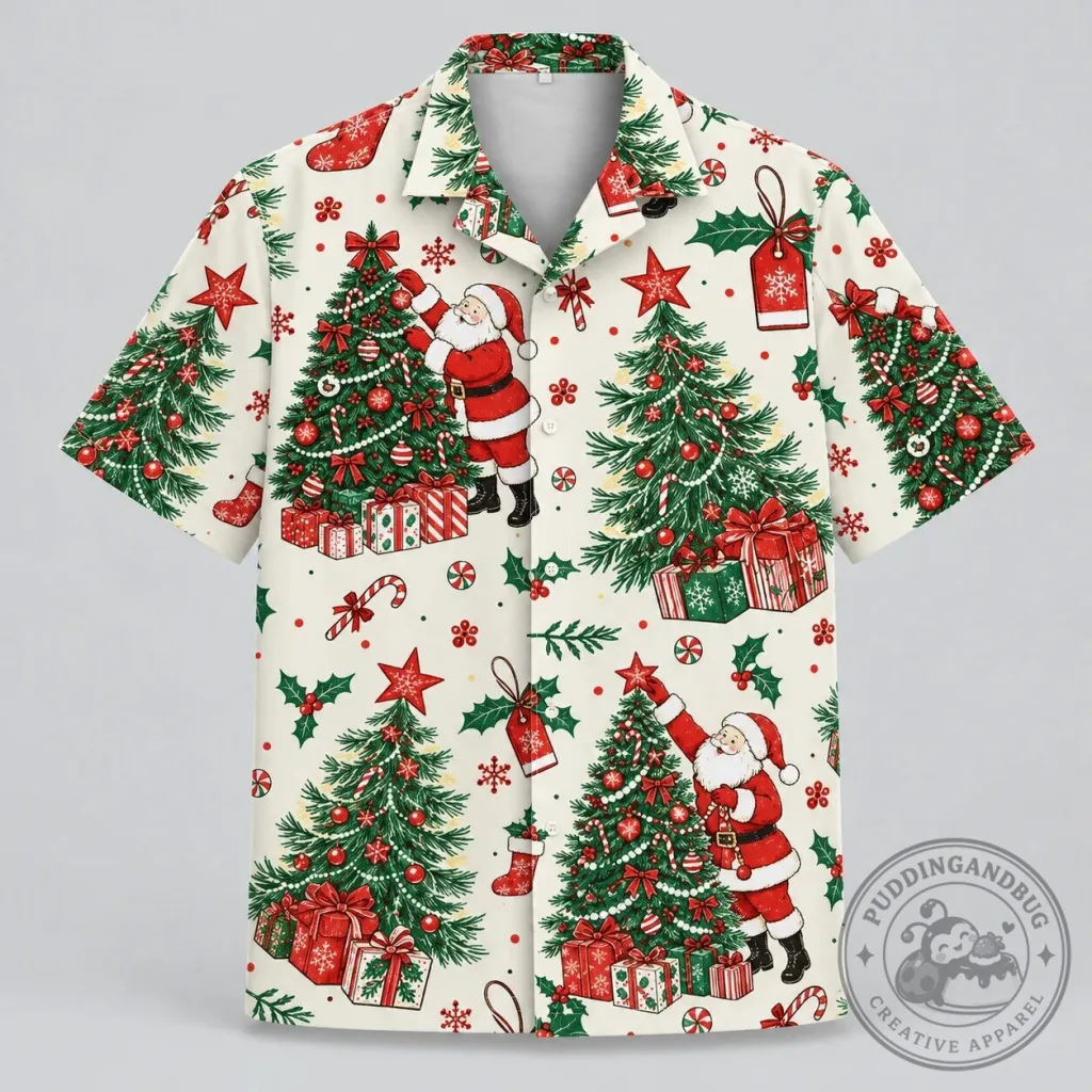 Vintage Santa Claus Decorating Christmas Tree Holiday Hawaiian Shirt Vintage Santa Claus Decorating Christmas Tree Holiday Hawaiian Shirt