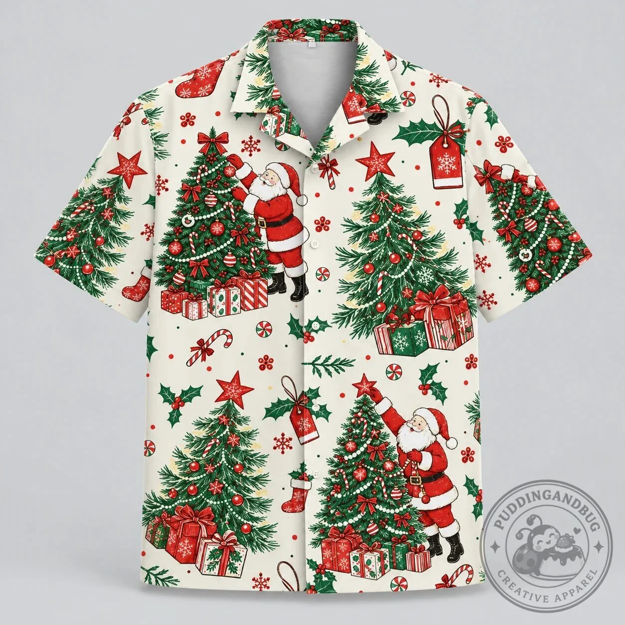Vintage Santa Claus Decorating Christmas Tree Holiday Hawaiian Shirt